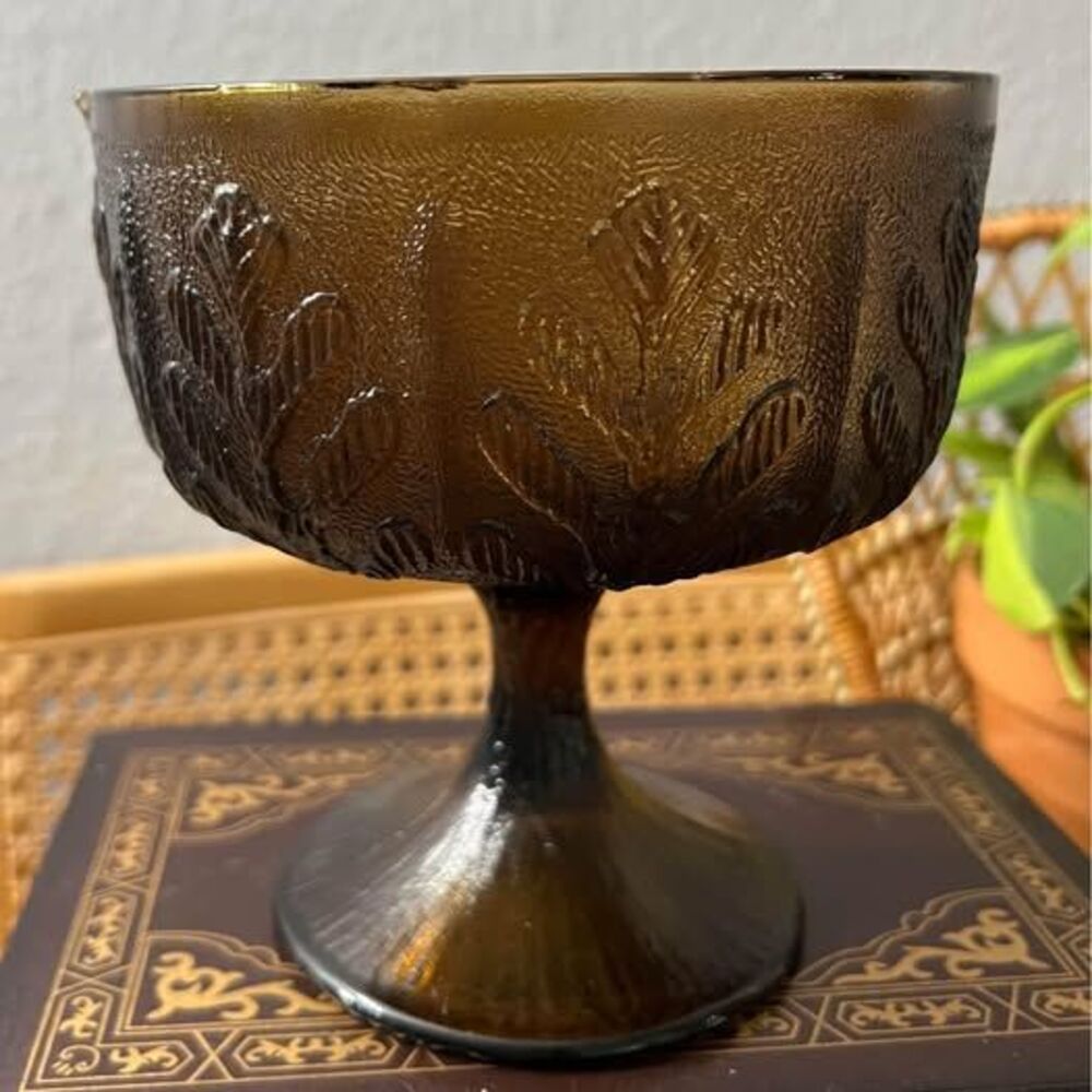 Indiana Glass Oak Leaf Brown Design, Footed Bowl Circa 1978